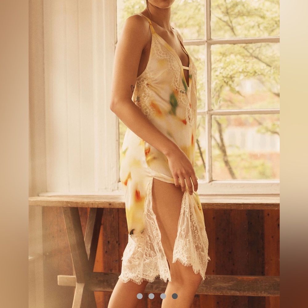 NWT PJ Lyrebird Silky Midi Slip Dress Elegant Lace Trimmed Sleepwear Size Large